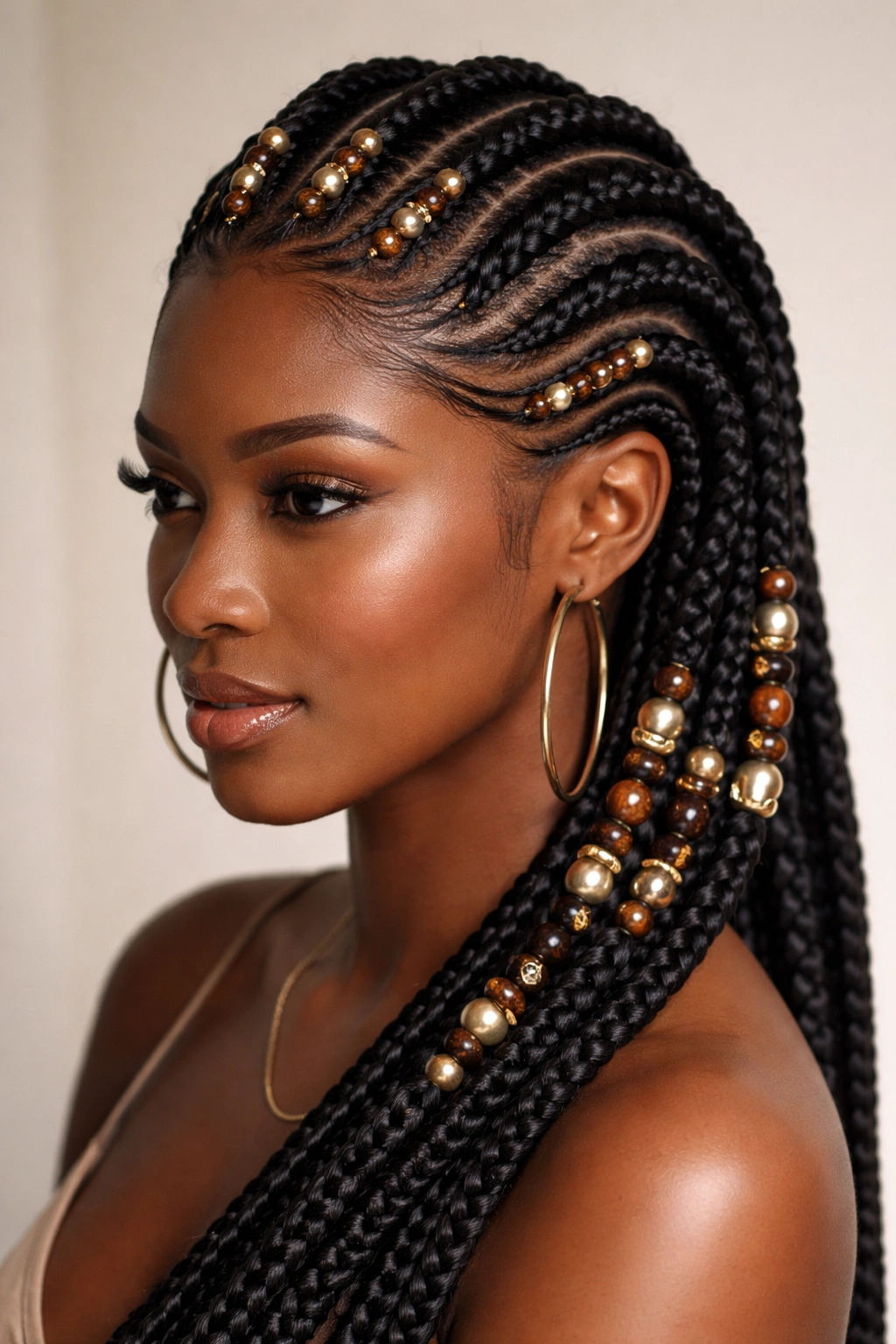 Close-up of Ghana braids with beads forming curved architectural patterns on the scalp