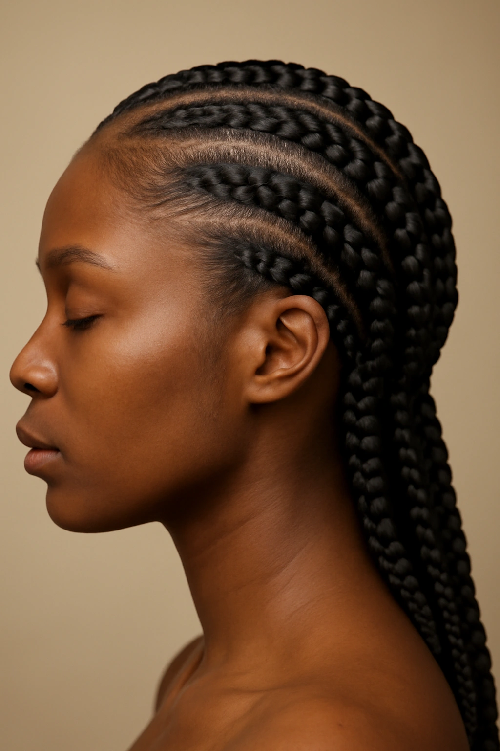 Profile close-up of feed-in Ghana braids creating fuller cornrows near the scalp.