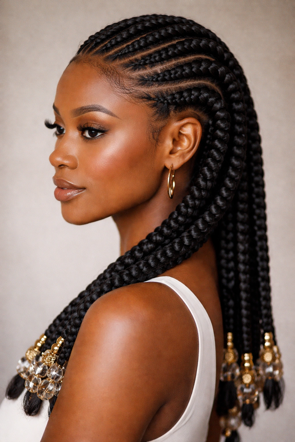 Thick Ghana braids curving along the scalp in sculptural pattern