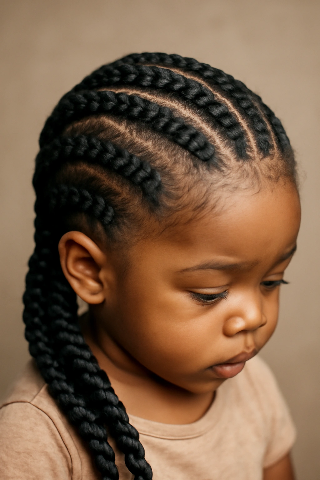 Close-up of toddler wearing Ghana braids curving across the scalp