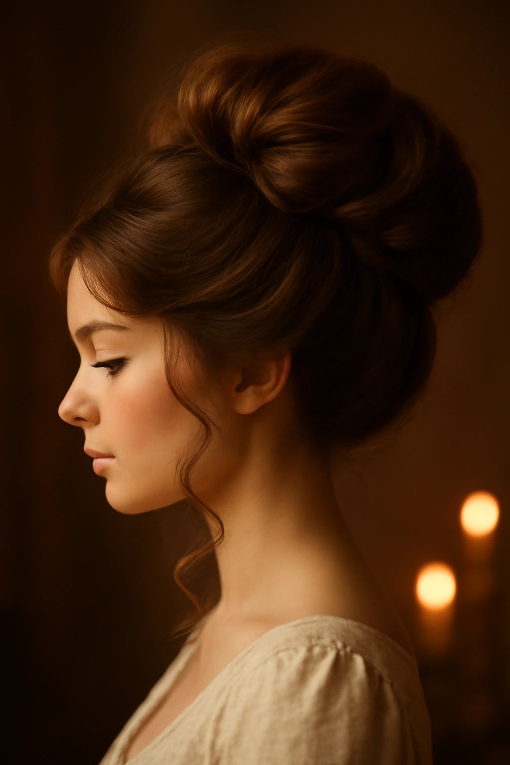 Close-up profile of a Gibson Girl updo with crown volume and soft curls