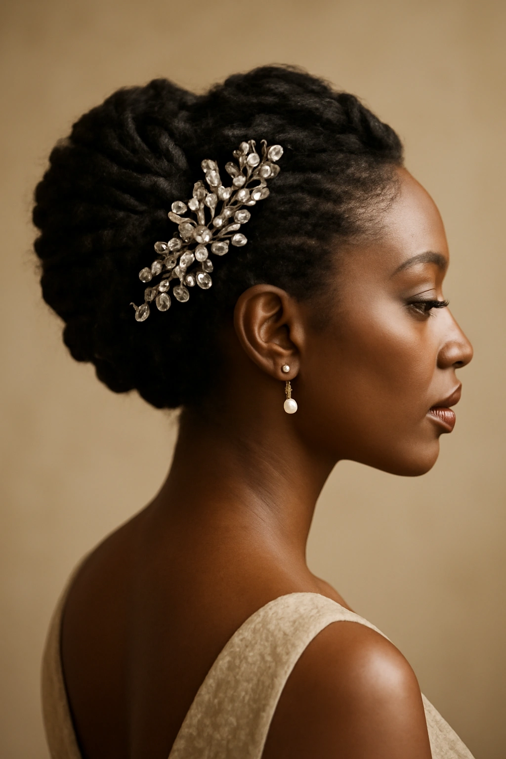 Glamorous updo adorned with tasteful accessories for wedding guest look