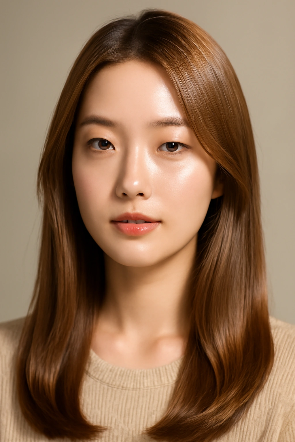 Glossy hair with glass skin shine, minimal styling and healthy reflection