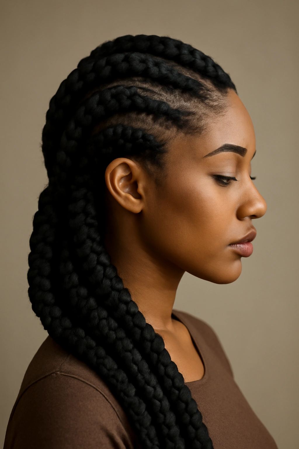 Full-head view of oversized goddess braids with sculptural curved lines.