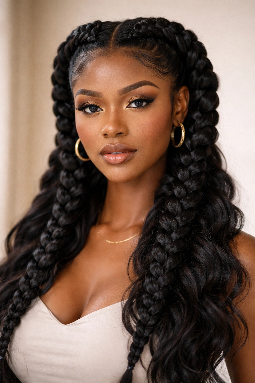 Two thick goddess braids along the hairline forming a bold crown frame
