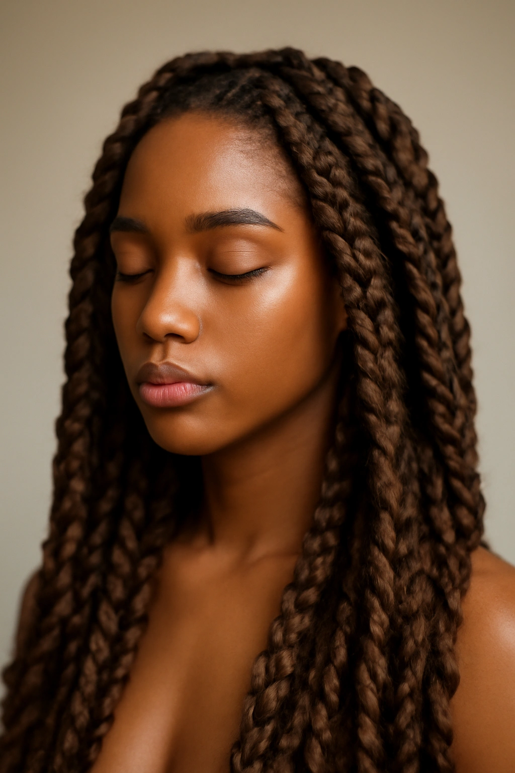 Close-up of thick goddess braids with extensions framing a head, showing texture and volume