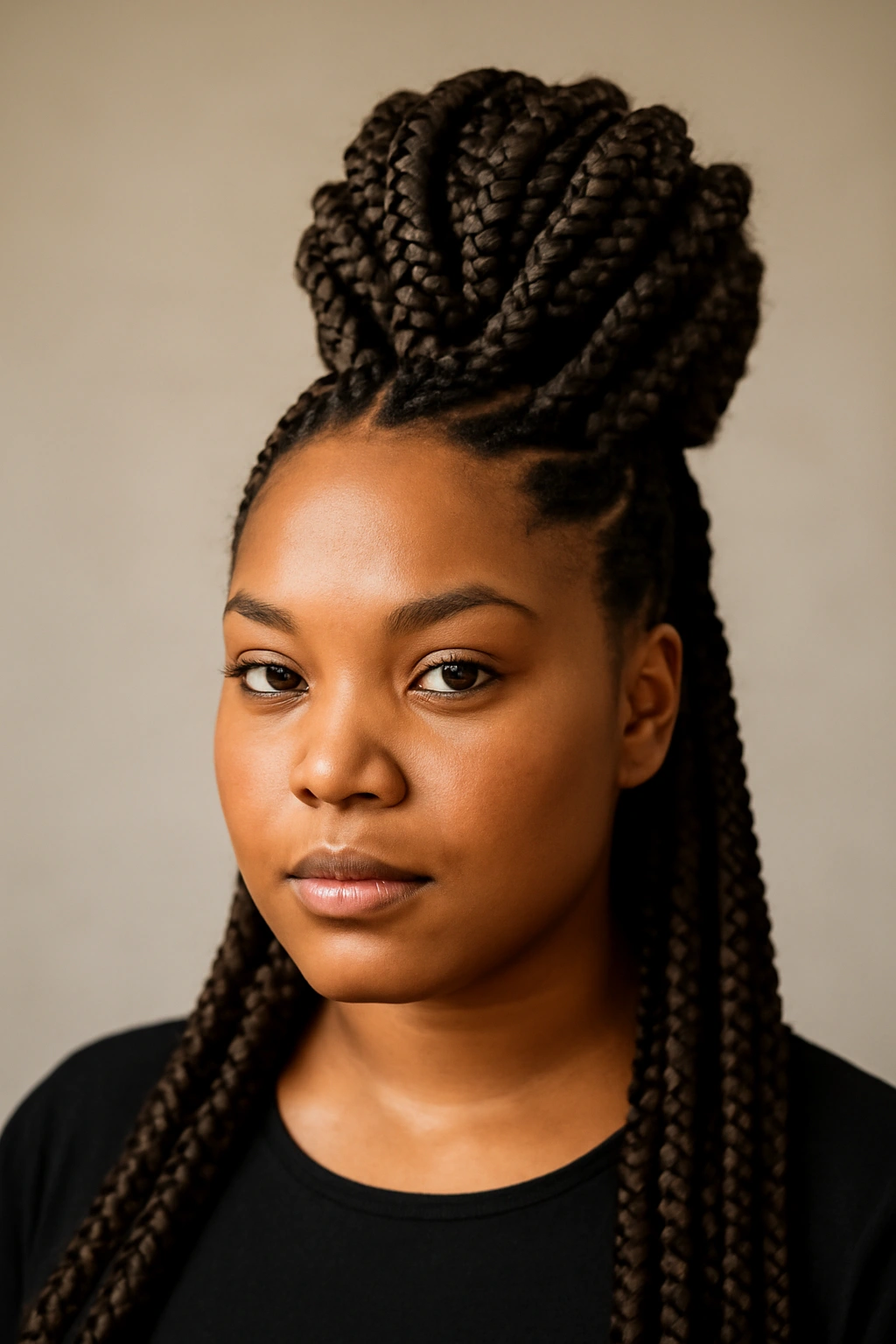 Goddess braids with crown-height adding vertical structure to the look
