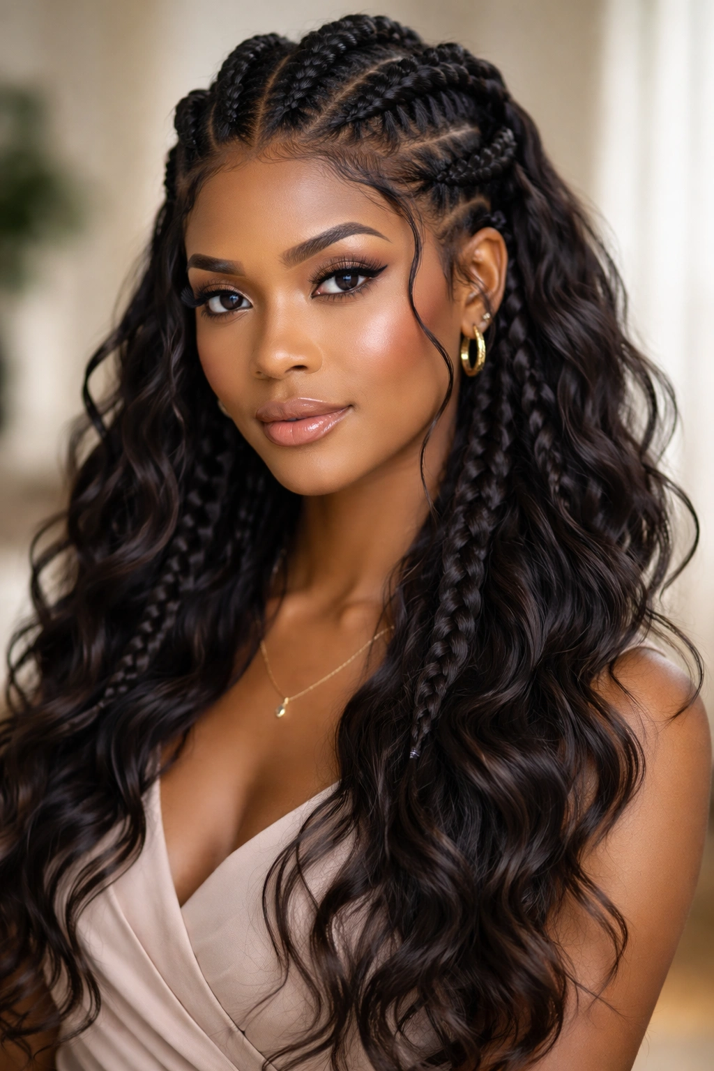 Close-up of goddess braids with loose waves framing the face