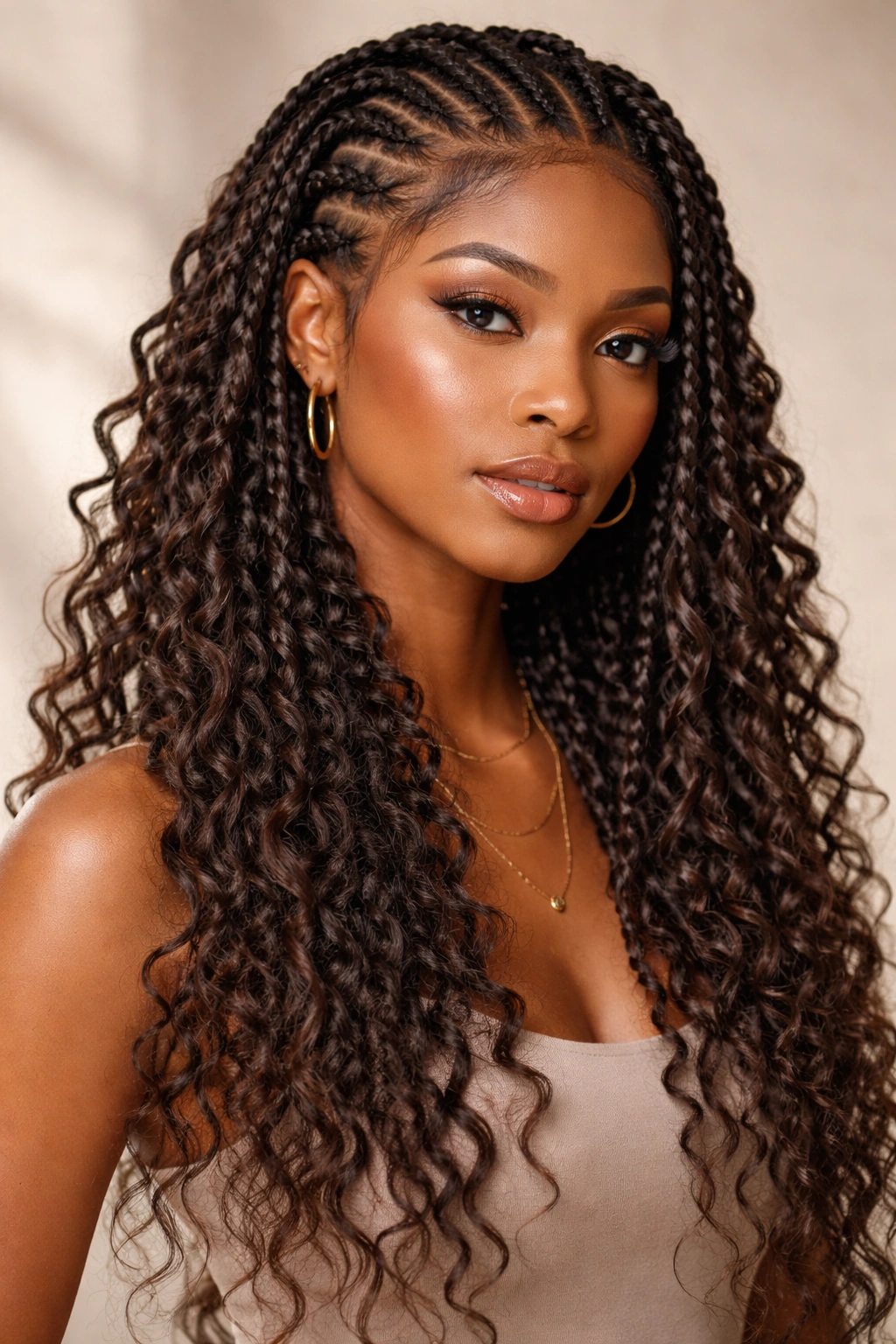 Full head of bohemian goddess braids with mixed textures.