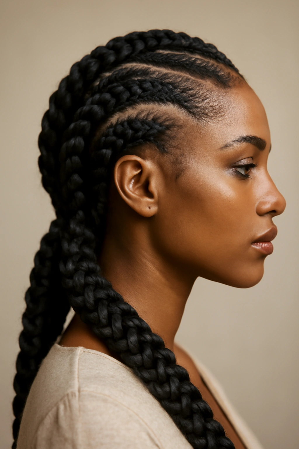 Thick goddess braids along the sides and back of the head on textured Black hair