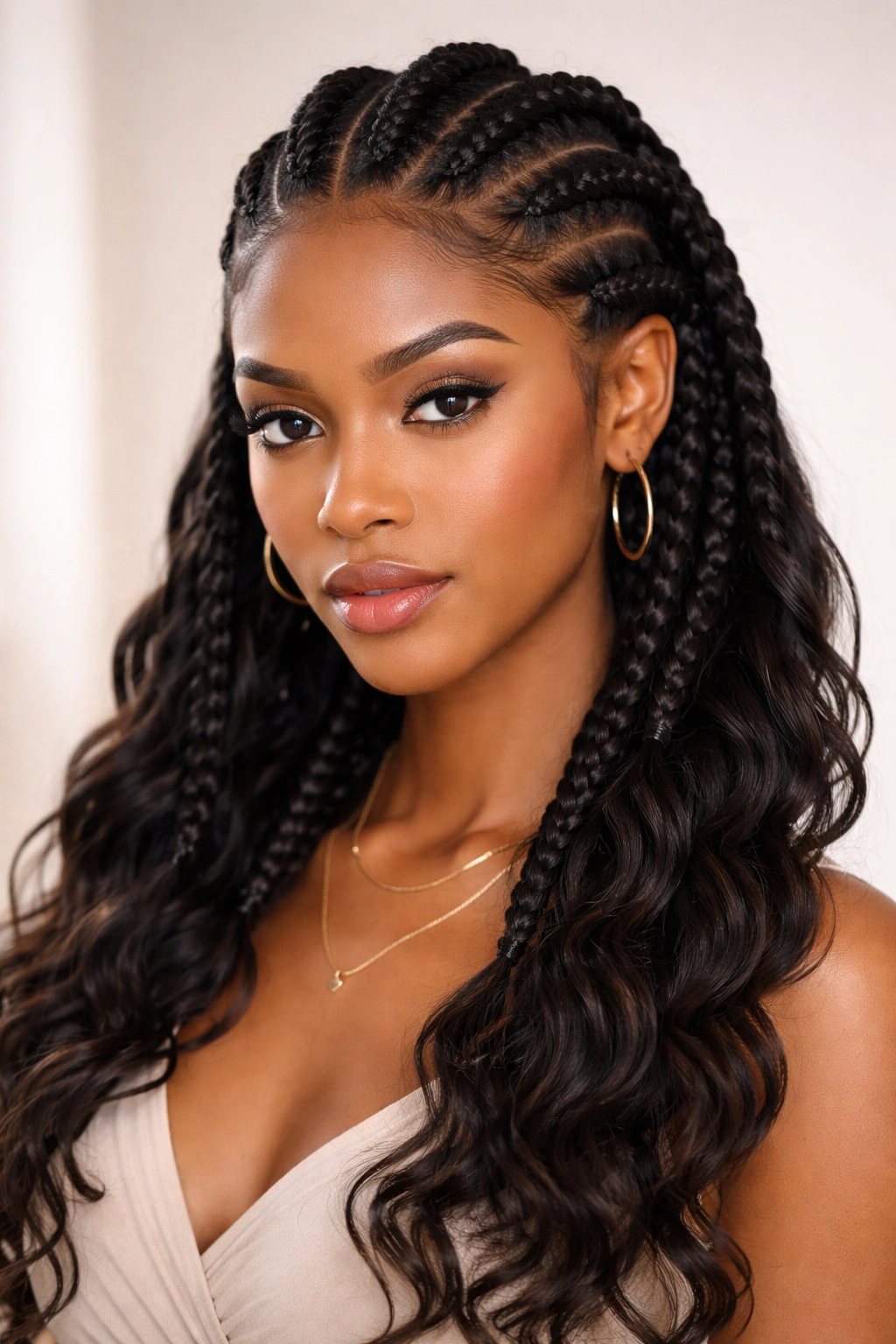 Goddess braids styled close to the scalp with thick, sculptural braids