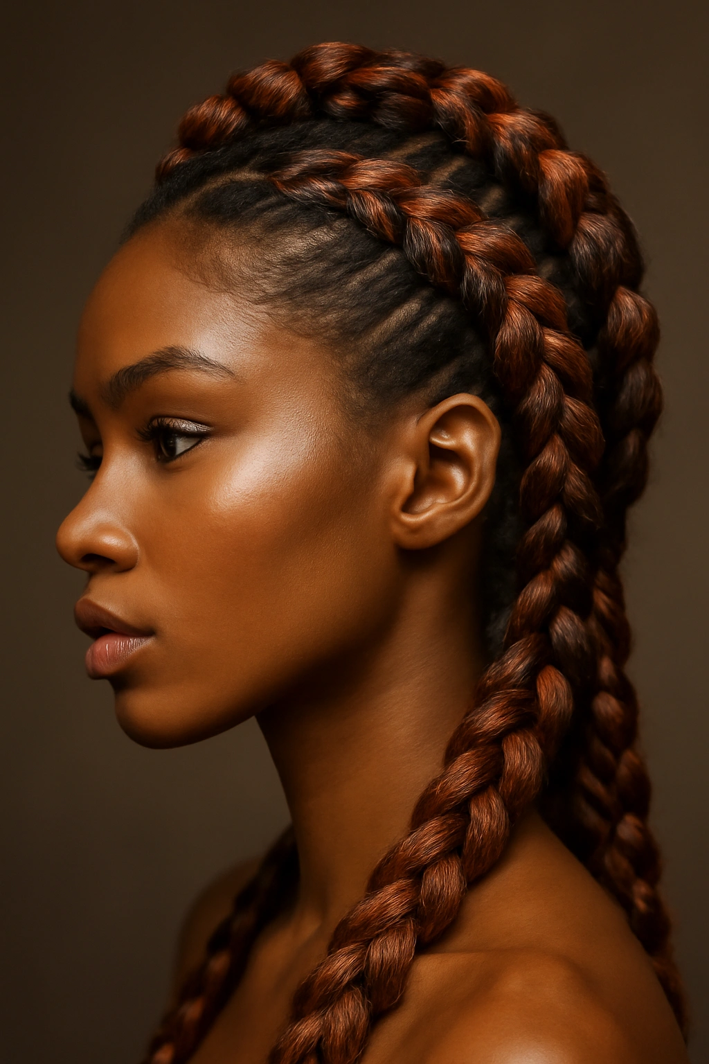 Close-up of sculptural goddess braids with warm copper tones.