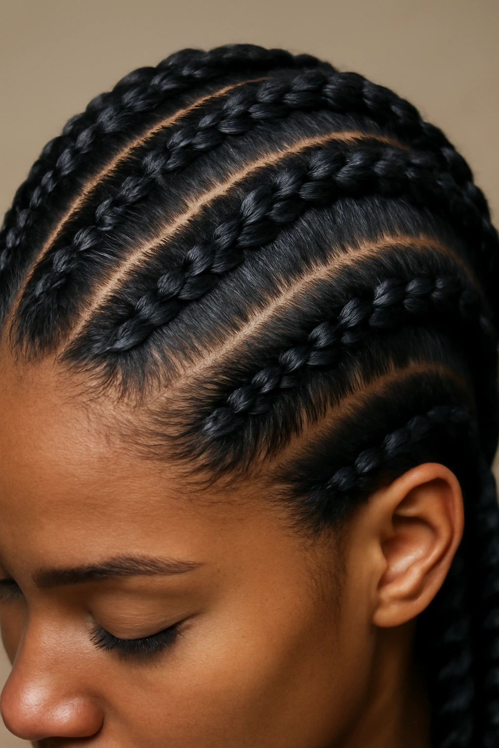Close-up of thick goddess braids in sculptural curved patterns with soft lighting