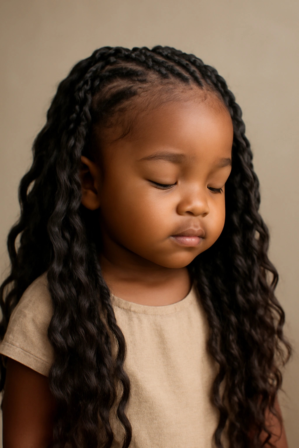 Toddler hair styled in goddess braids with loose, flowing strands.