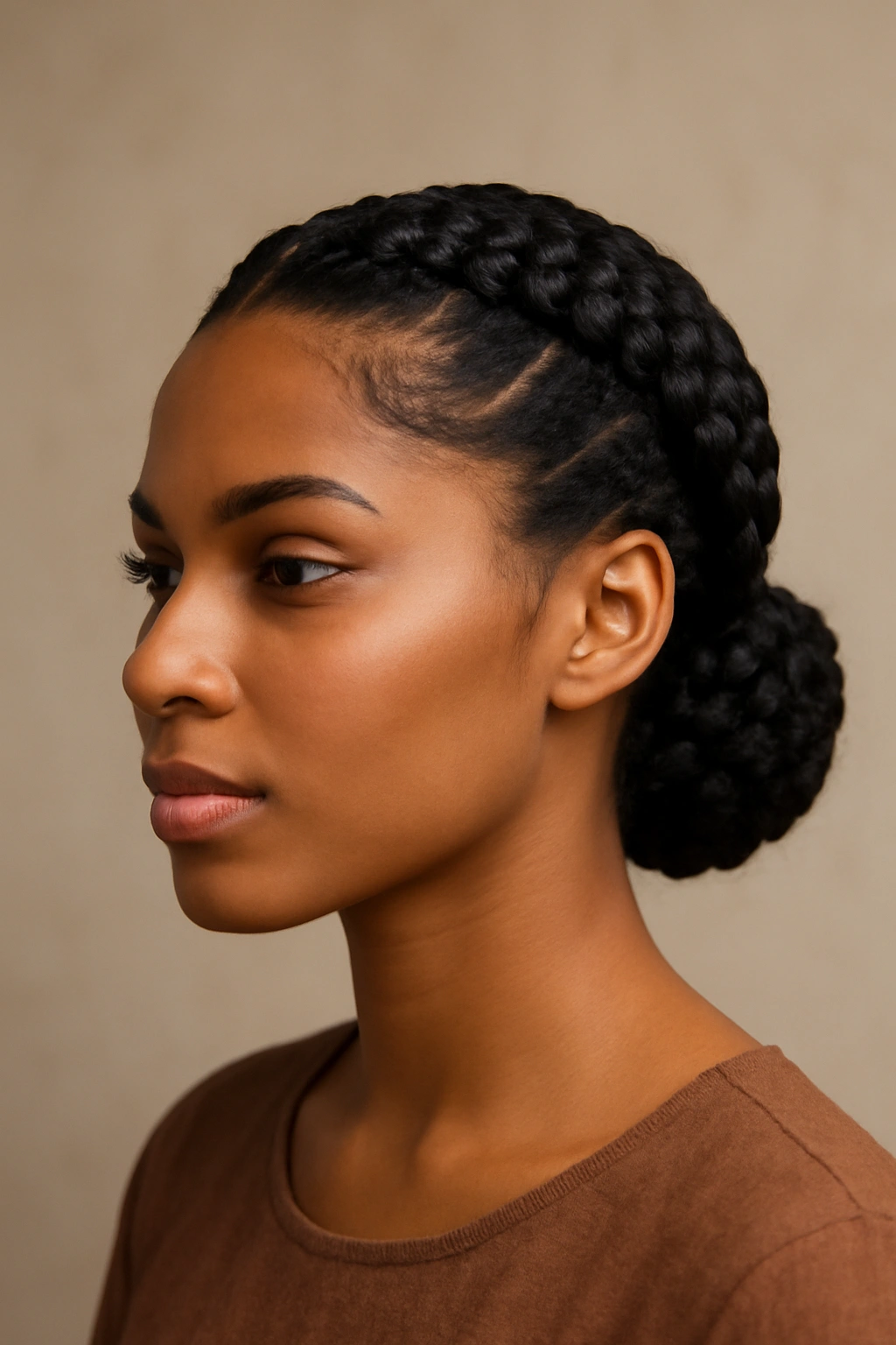 Goddess braids upstyle with thick Dutch braids framing the face into a low bun