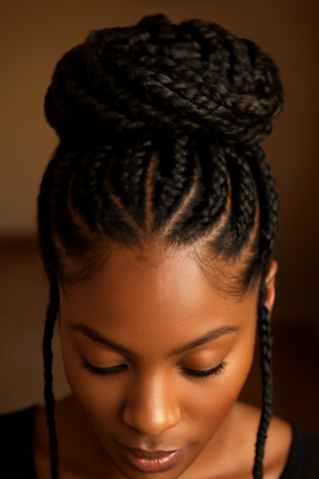 Close-up of thick goddess knotless braids styled into a crown halo with metallic accents