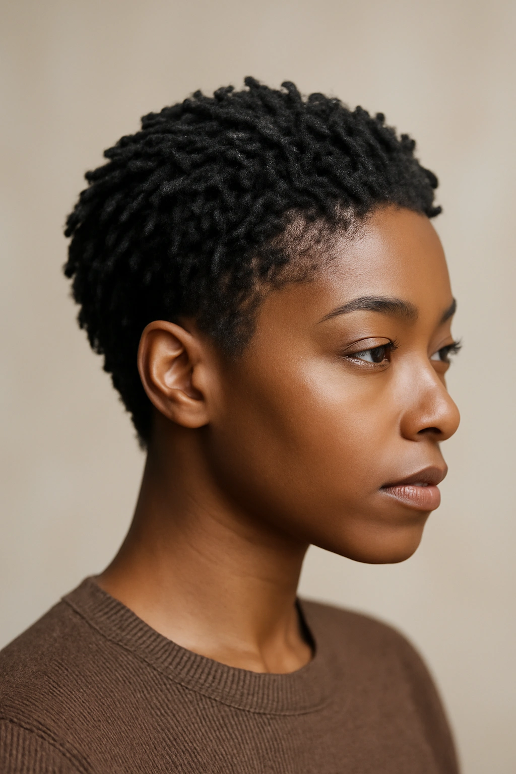 Close-up of a Black woman's head with a goddess loc crop of dense micro locs.
