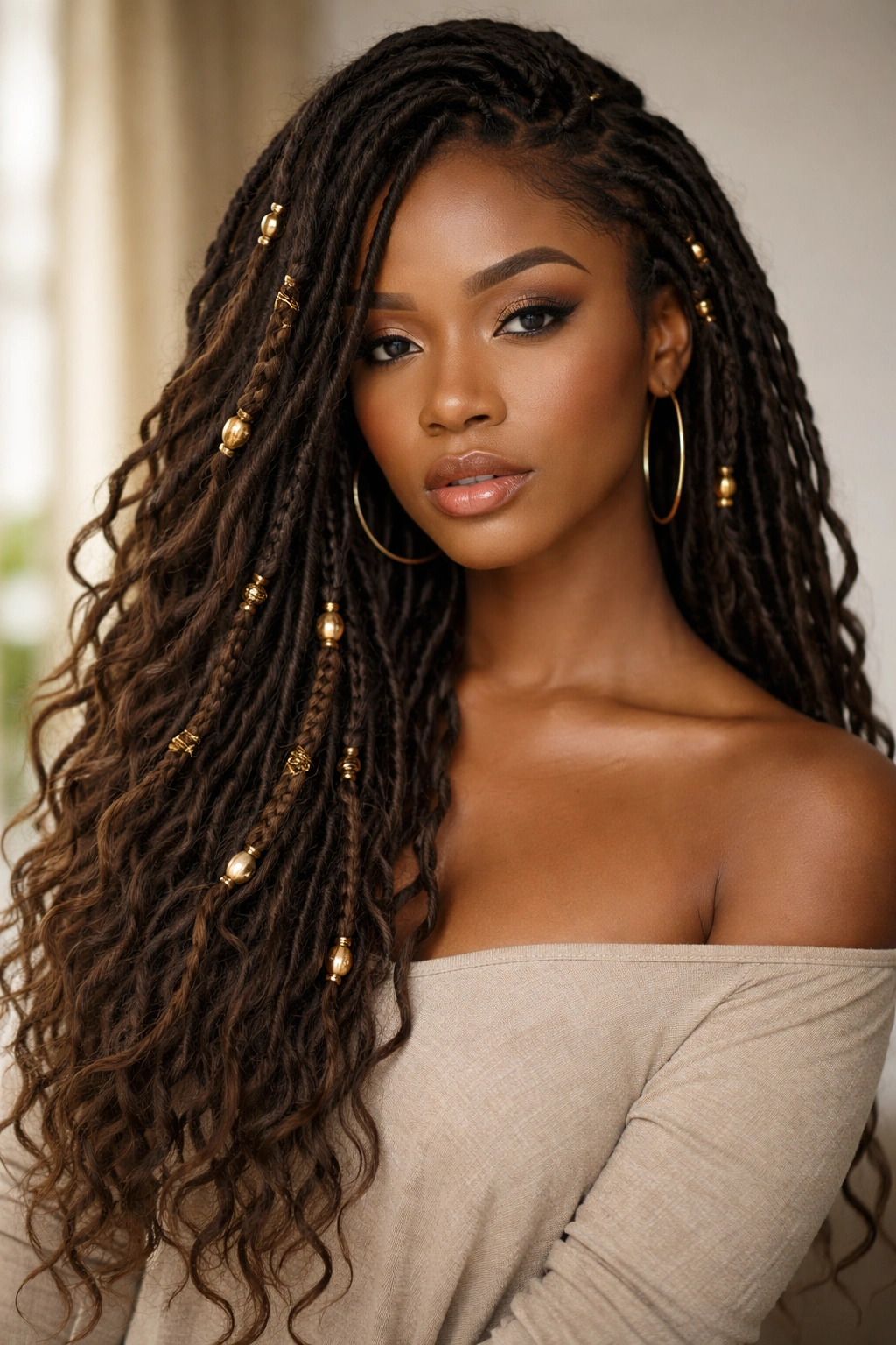 Close-up of goddess locs with beaded wrapping on a model