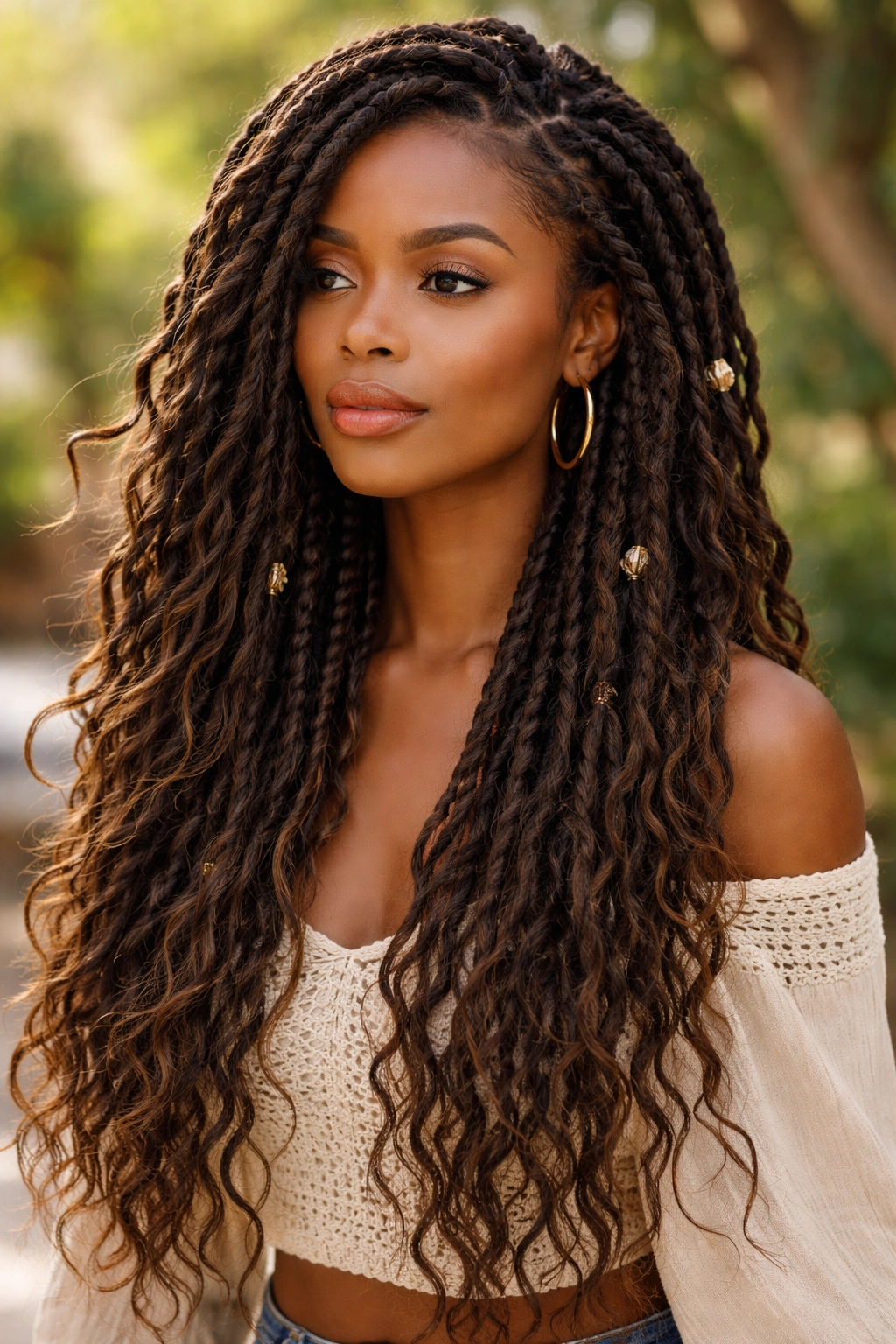Side view of thick goddess locs with loose texture and extensions