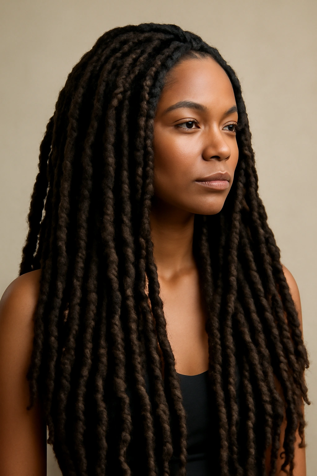 Goddess locs with chunky braided texture and added length