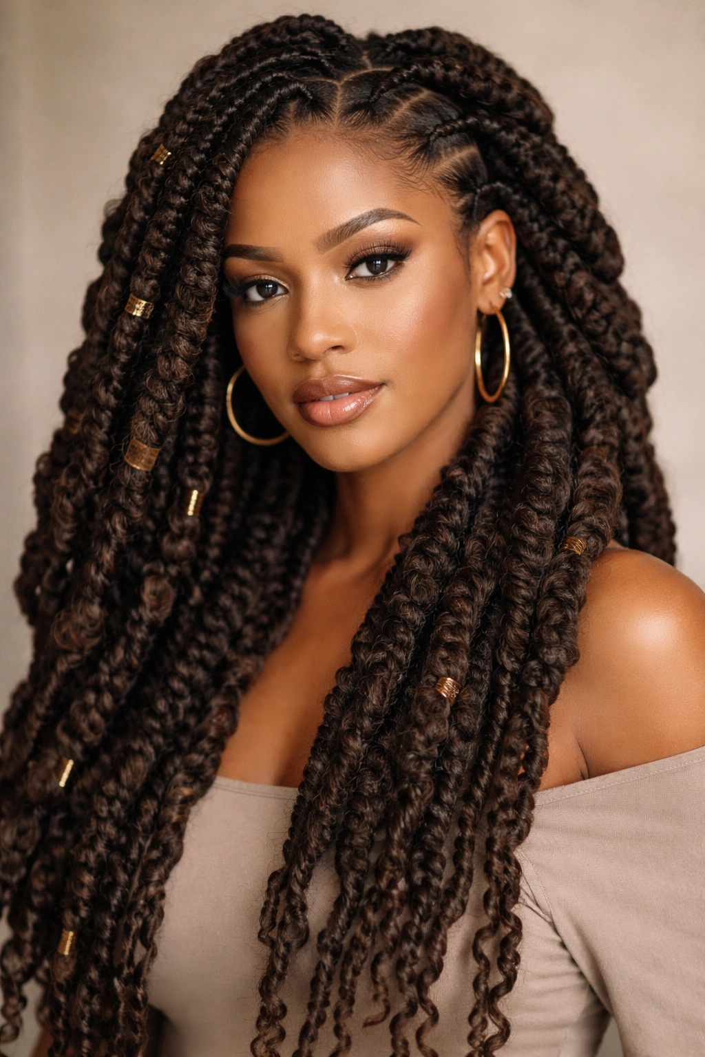 Thick goddess locs braids formed by grouping multiple locs into chunky sections.