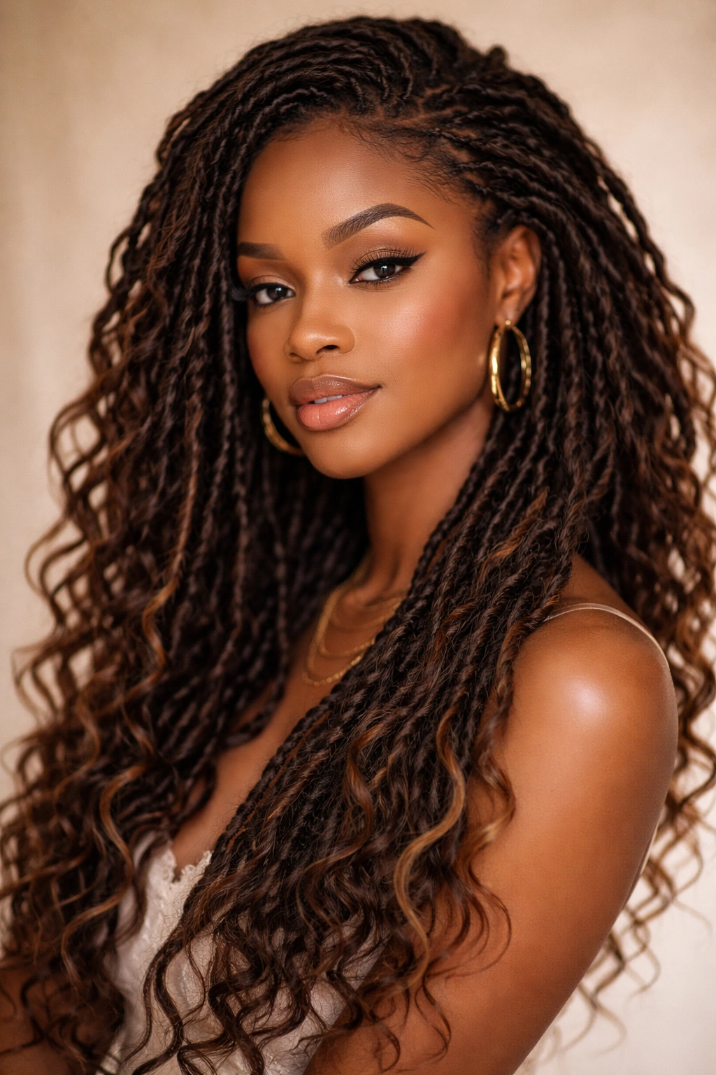 Goddess locs with thick, flowing waves around the head