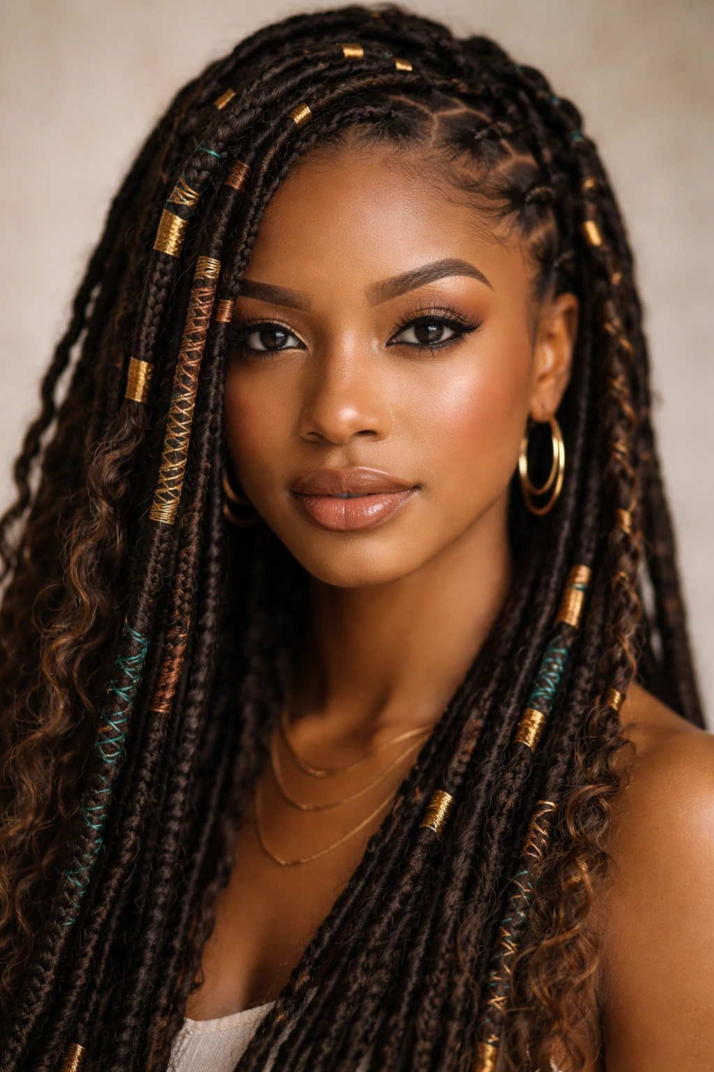 Close-up of goddess locs with colorful thread wraps and defined sections