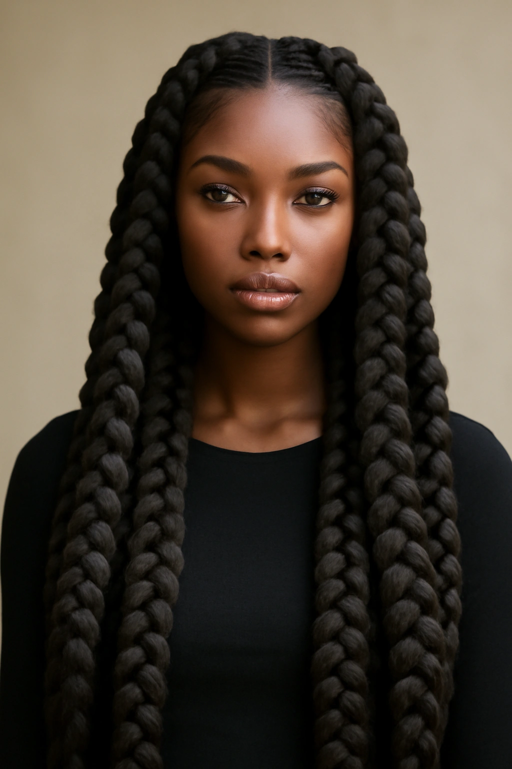 Goddess pigtail braids with full volume and length, glossy finish