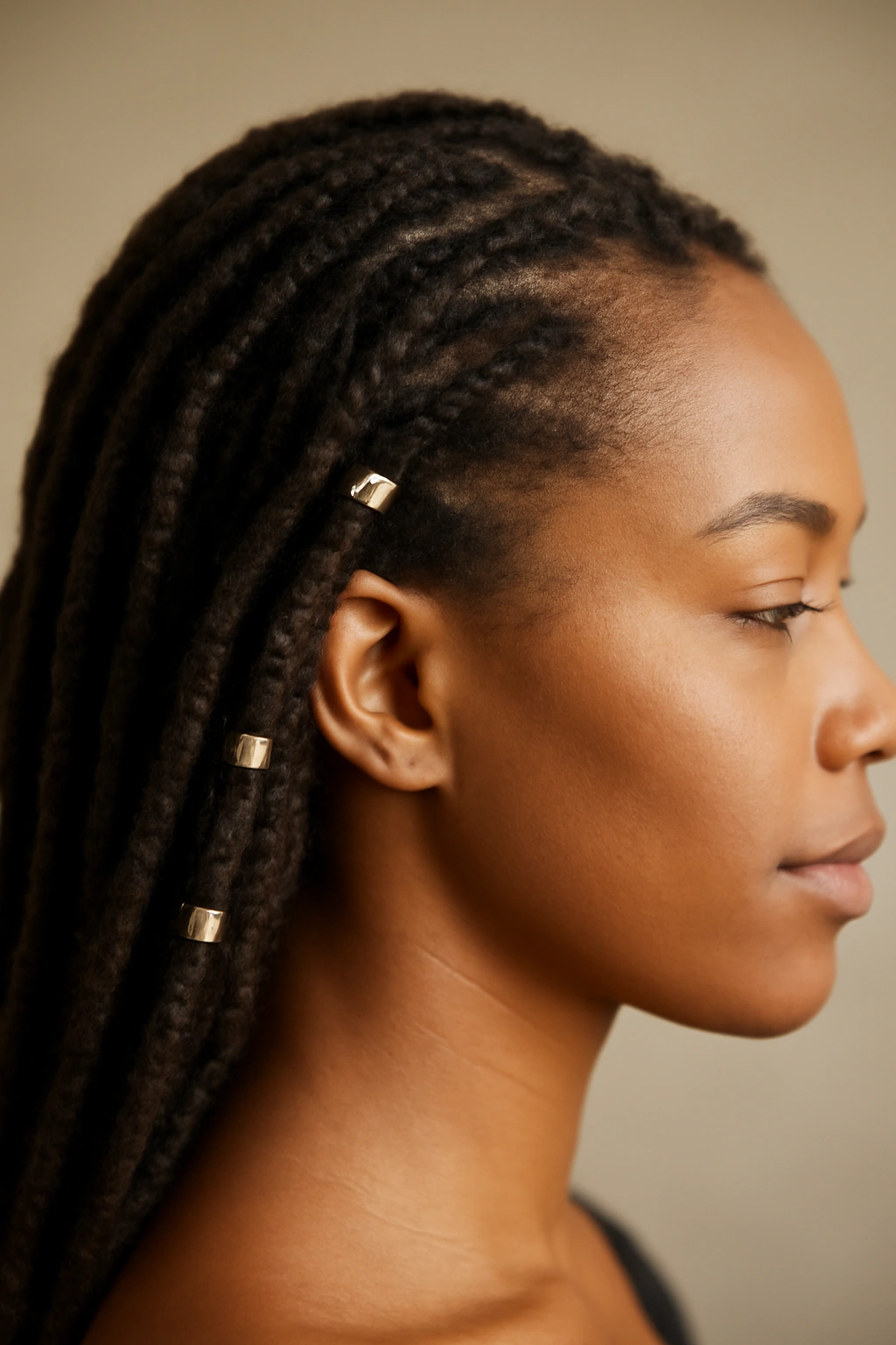Locs with gold cuffs close-up showing metallic bands on locs