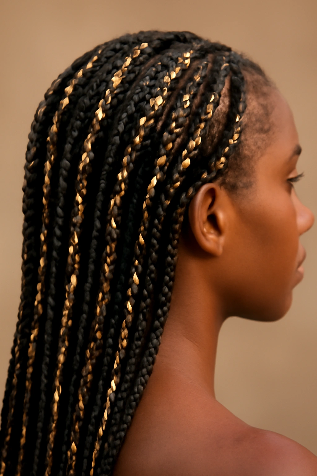 Box braids with gold foil accents sparkling in light