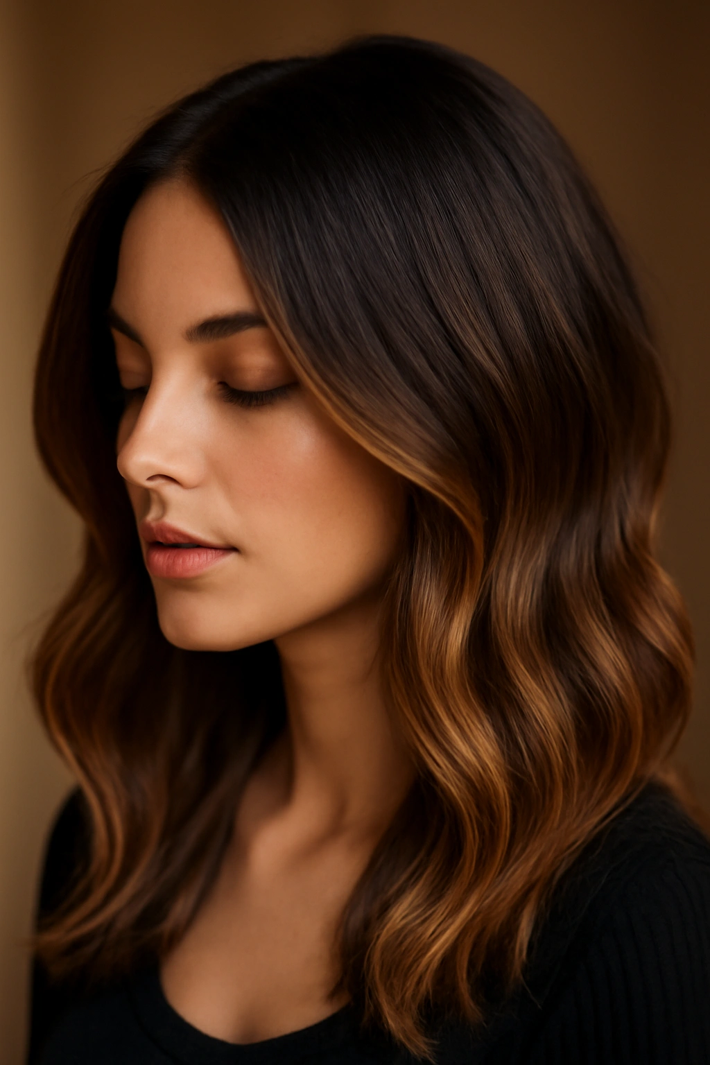 Hair with dark chocolate roots fading to golden midlengths under warm lighting