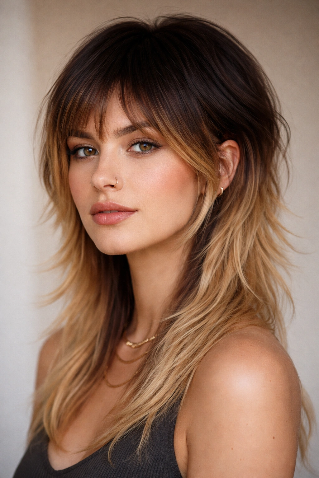 Close-up of a person with a gradient mullet from dark roots to light ends, highlighting dimensional color