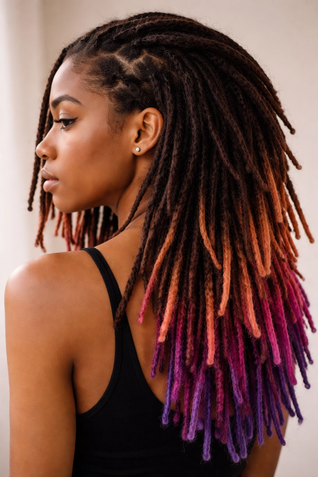 Back mullet locs with colored tips gradient against natural roots