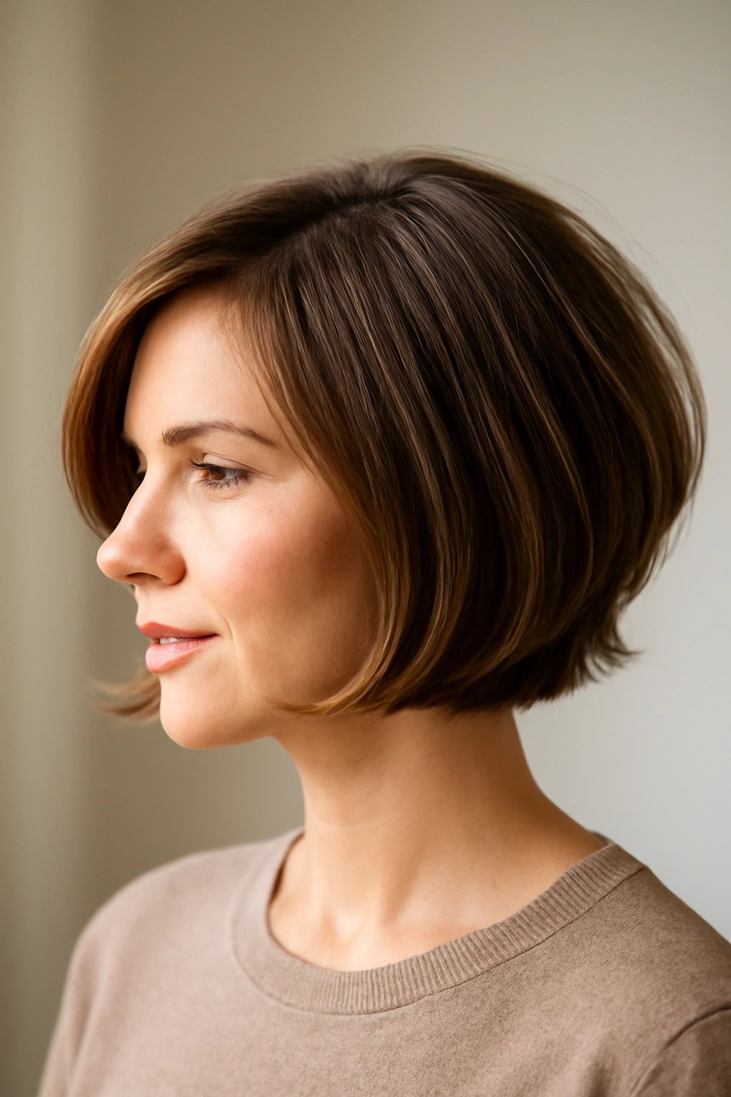 Three-quarter view of a graduated bob with flipped-out ends