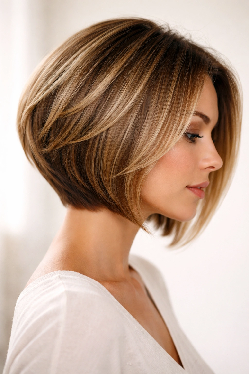 Graduated bob hairstyle with stacked back layers and longer front pieces