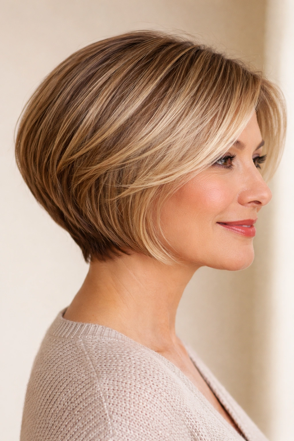 Head-and-shoulders portrait showing a rounded graduated bob with soft volume