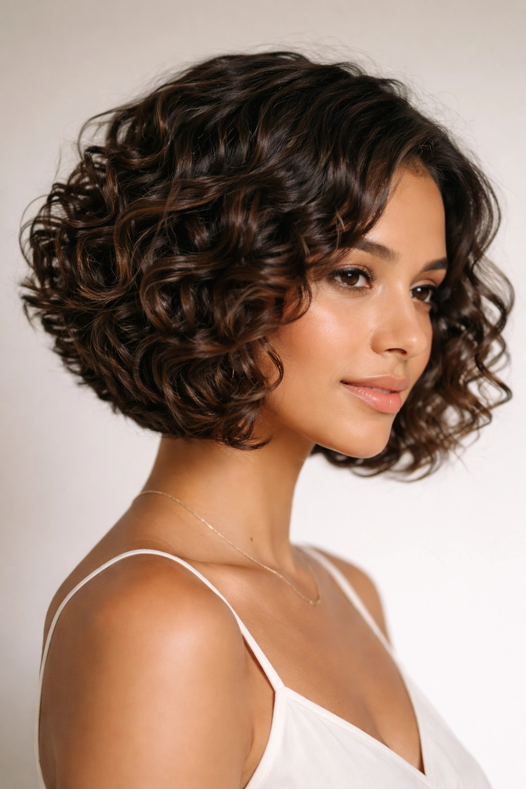 Close-up of a curly-haired model in a hidden-layered graduated bob highlighting movement and shape