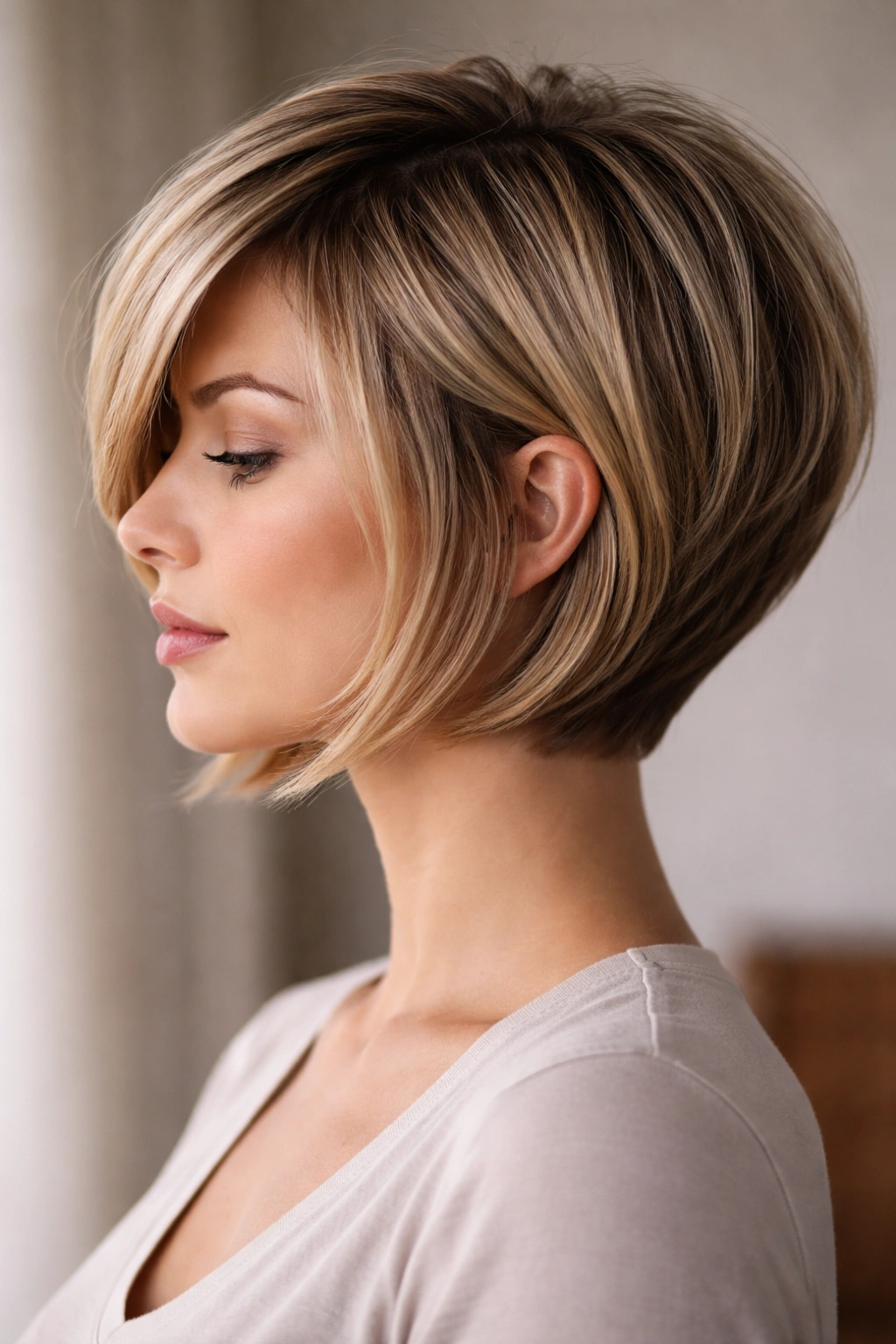 Graduated bob with stacked back and longer front pieces