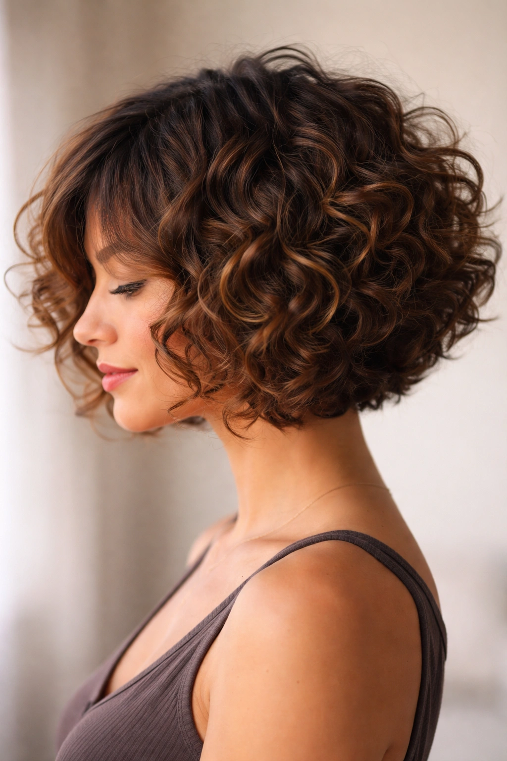 Close-up of curly hair showing graduated choppy bob with front layers and longer back for volume