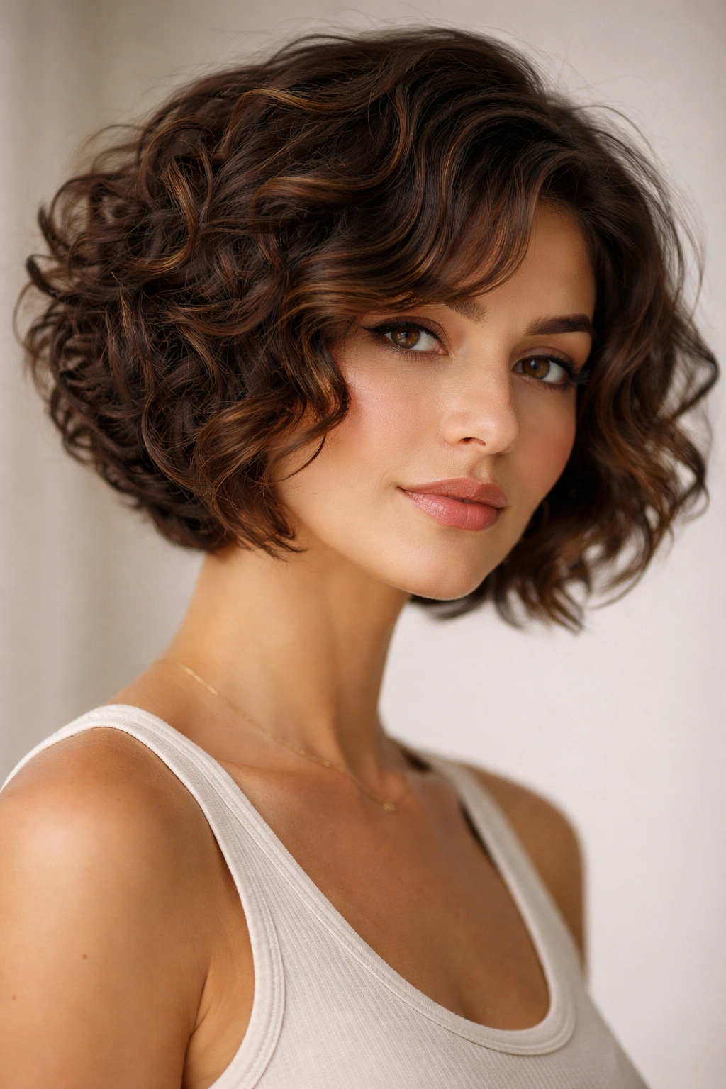 Portrait of a person with a graduated curl bob showing back-to-front length variation.