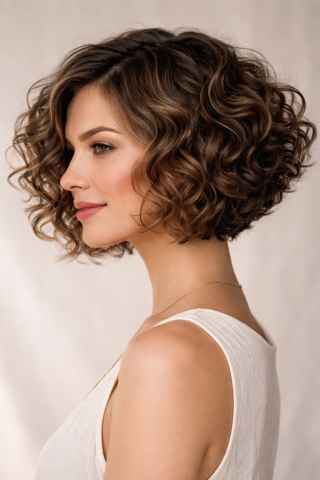 Graduated curly bob with back shorter and front longer in studio portrait