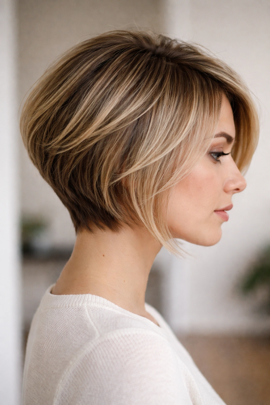Graduated layered bob with shorter back and longer front, side-profile portrait