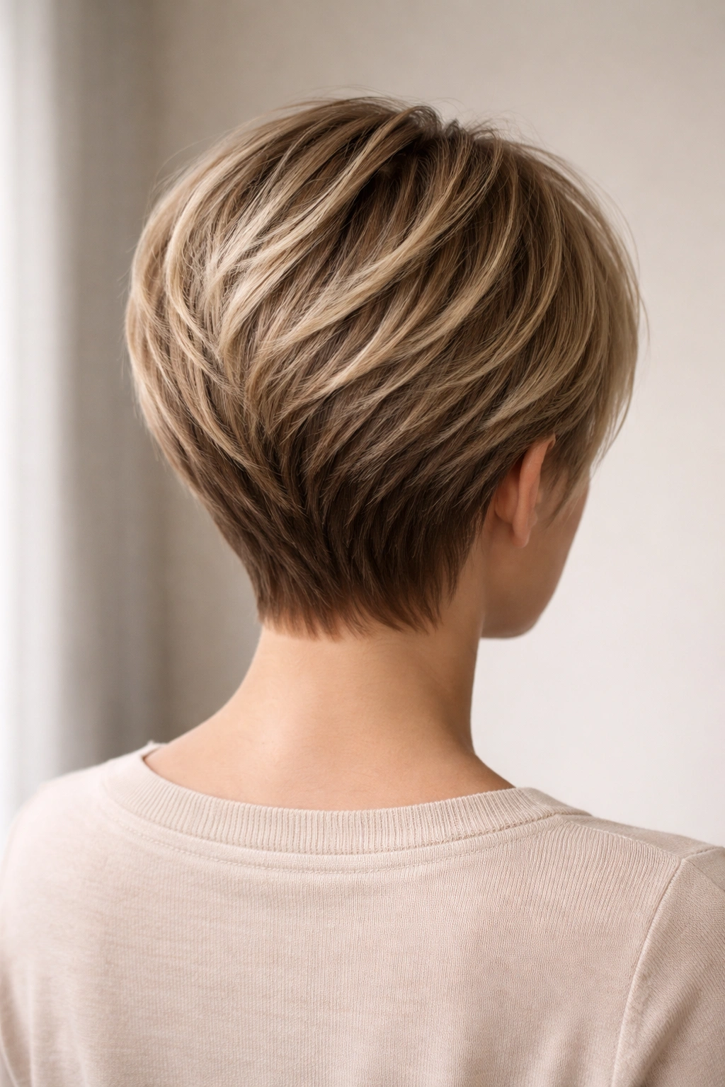 Back view of graduated short layers with crown lift