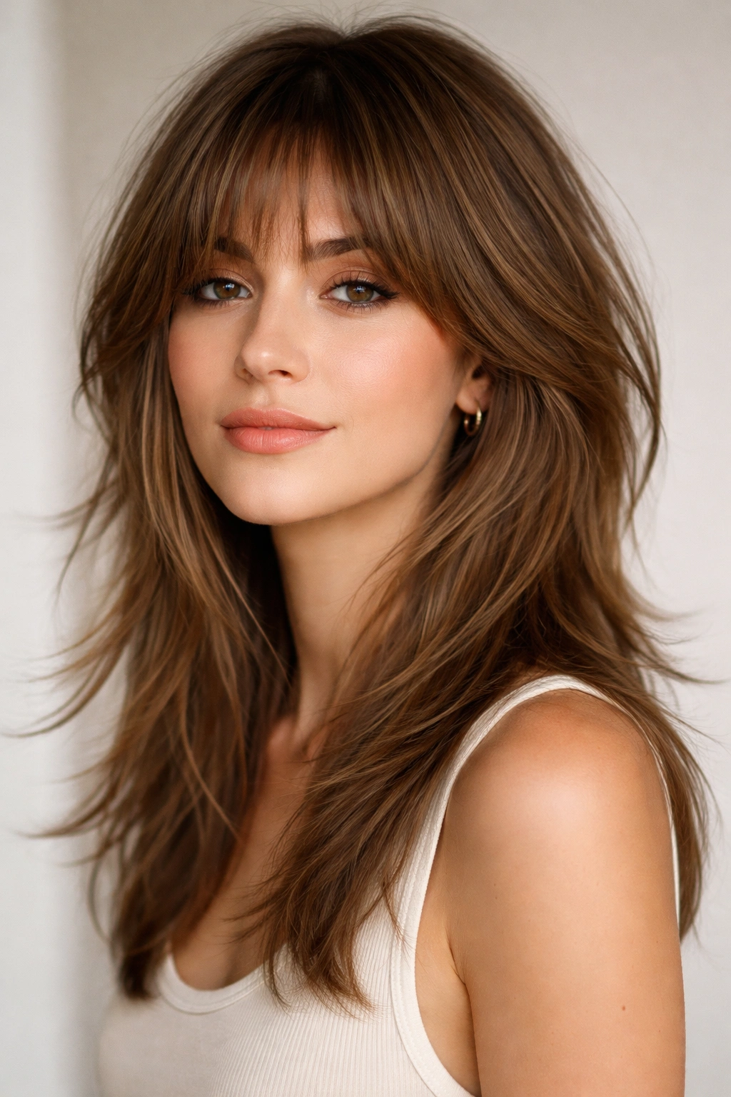 Close-up of a medium shag with graduated layers creating crown lift and blended ends.