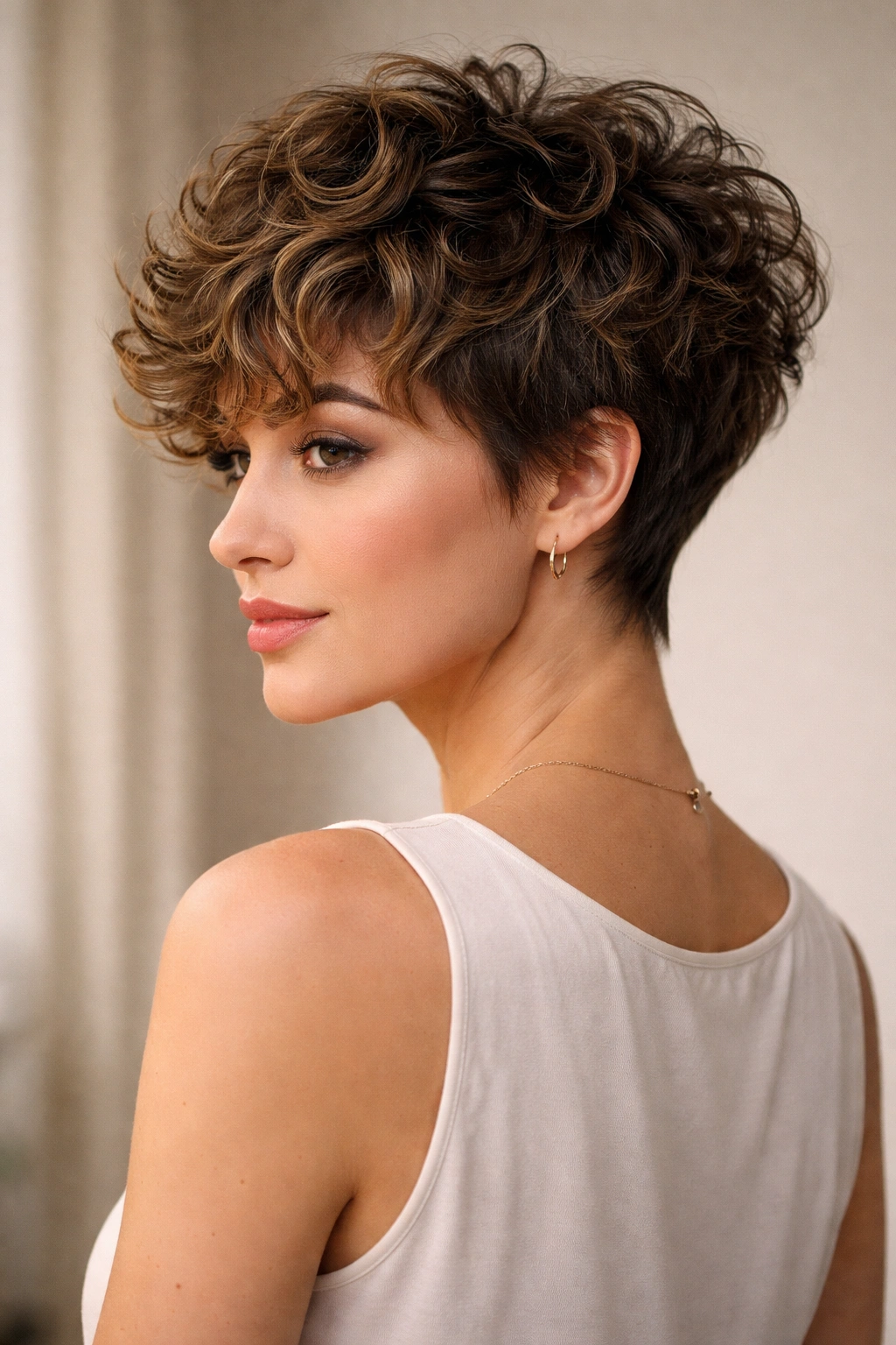 Graduated layered pixie hairstyle on curly hair.