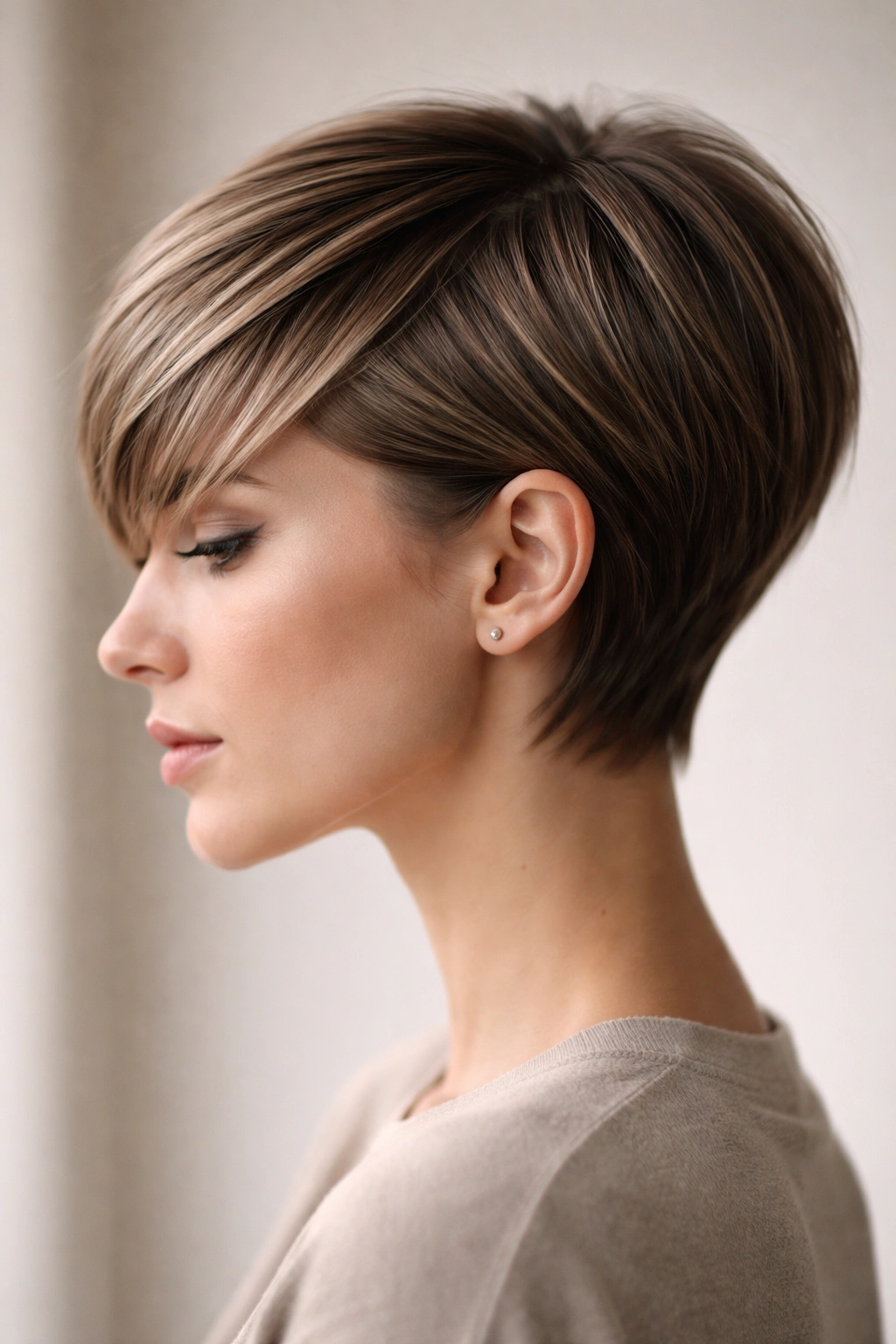 Side view of a straight-haired graduated pixie with layered length and depth