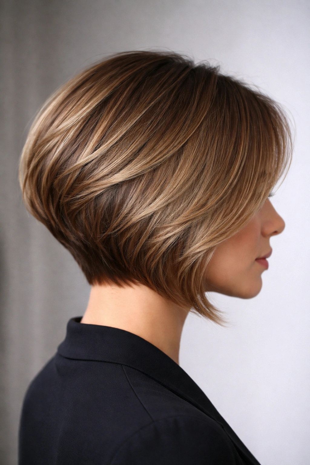Side profile of a graduated stacked bob with subtle underlayer