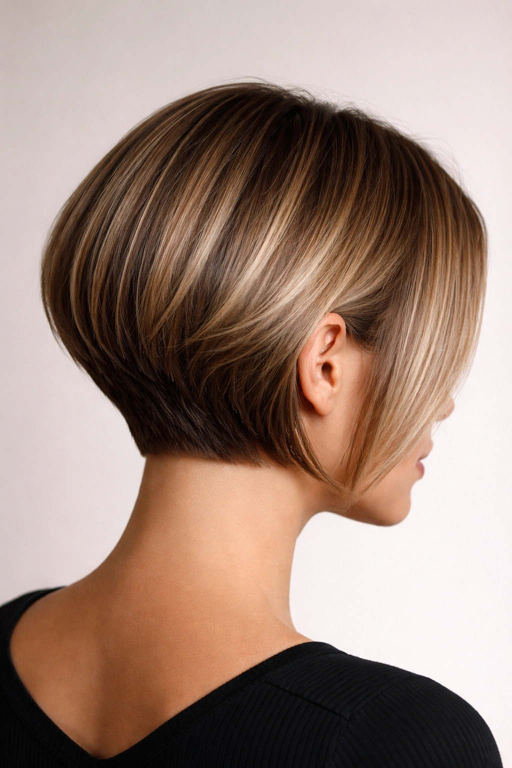Close-up of a graphic line stacked bob with a clearly defined stacking line at the ear.