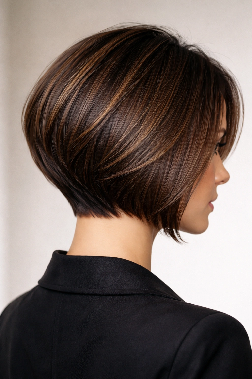 Close-up portrait of a model with a precision-cut stacked bob showing sharp lines and glossy finish