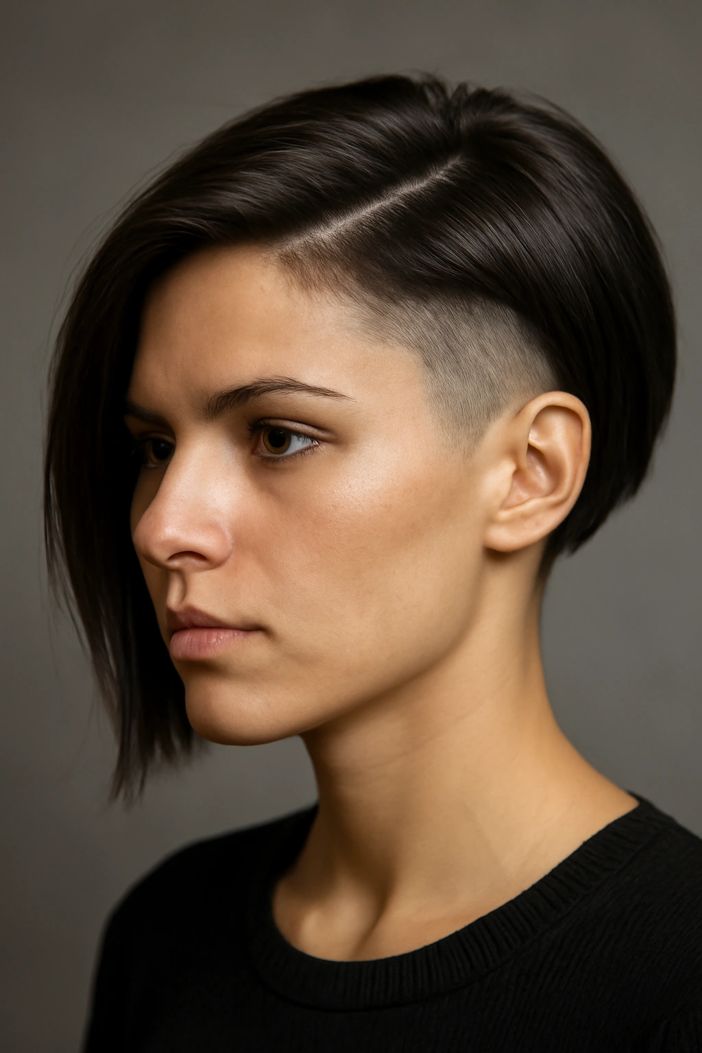 Close-up of a graphic undercut bob showing stark contrast between short sides and long top
